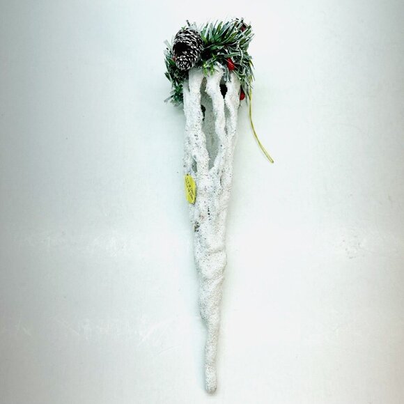 Vintage Christmas Ornament Cardinal In Pine Nest On White Glittered Icicle 6" - Picture 10 of 15